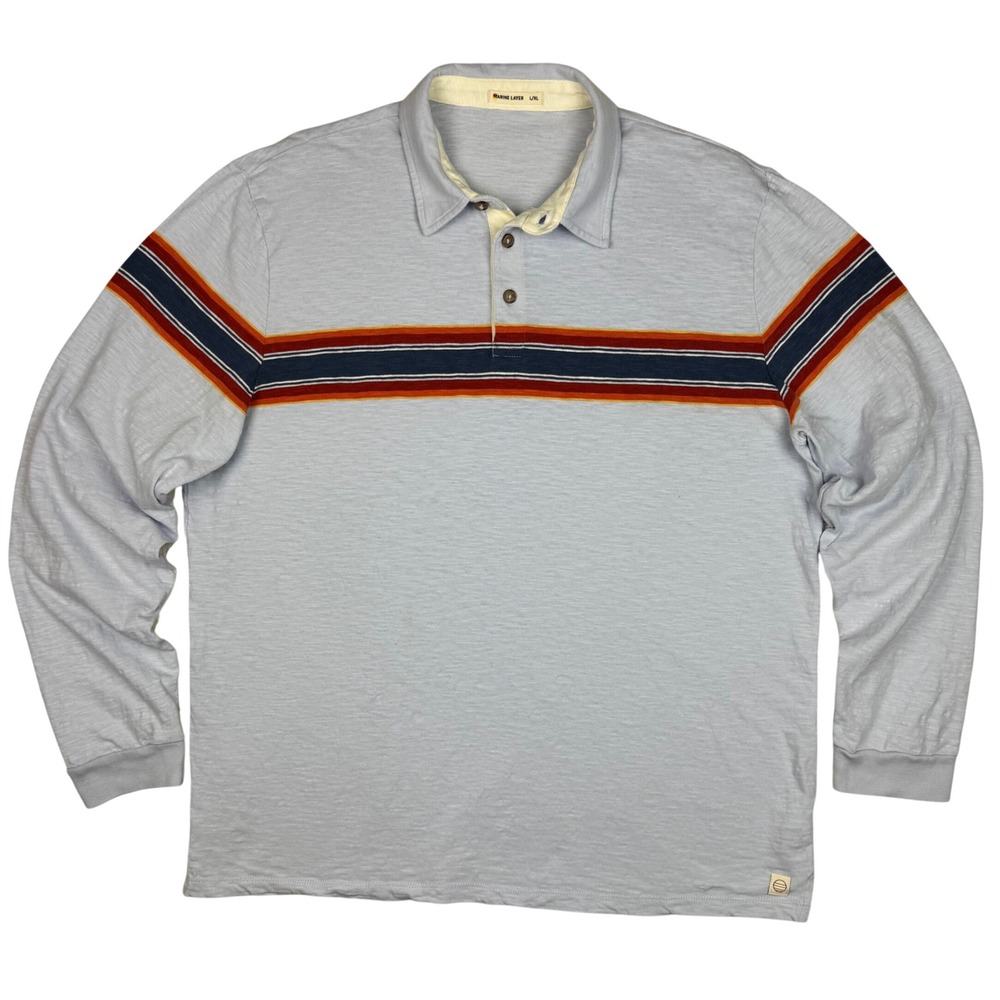Marine Layer Polo Shirt Retro Stripe Long Sleeve Mens L/XL Light Blue Preppy